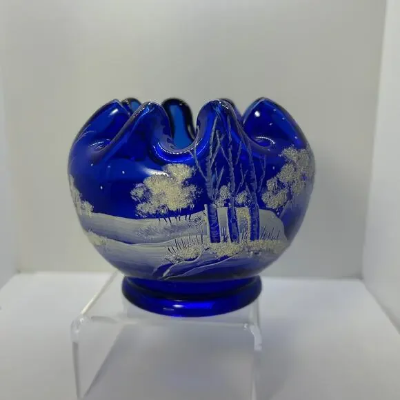 Fenton Inverted Ruffle Rose Bowl Cobalt Winter Scene Hand Painted GD Wright - Picture 9 of 9